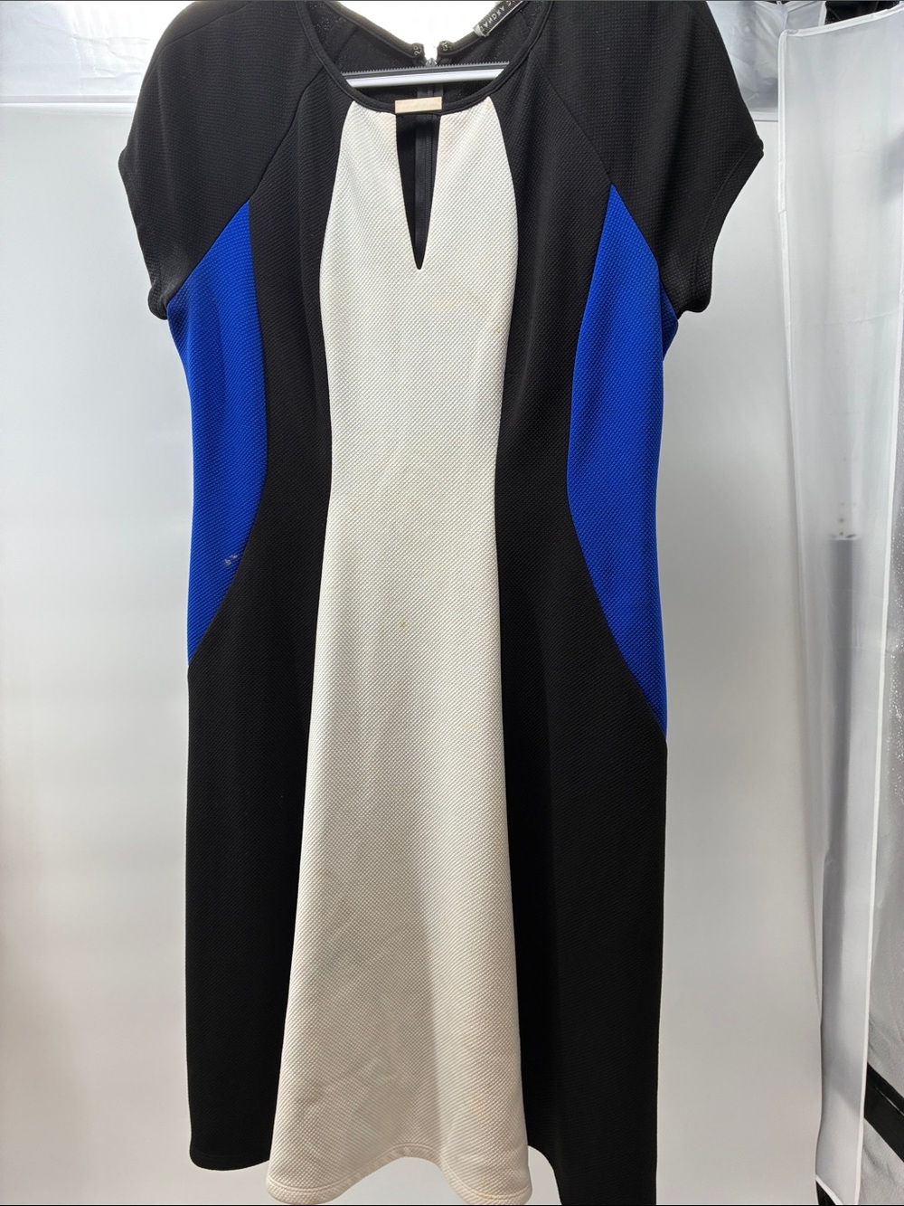 Sandra Darren Black, White & Blue Panel Midi Dress